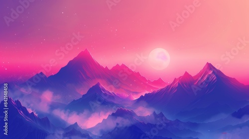 A mountain range with a pink sky and a large moon