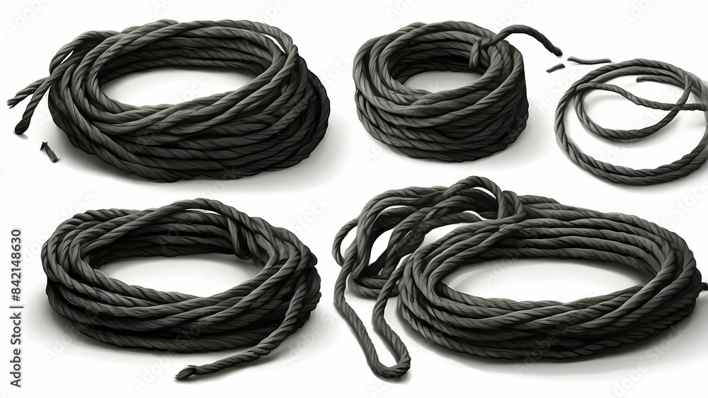 Four different views of coiled black ropes providing a concept of strength and connection Four different views of coiled black ropes providing a concept of strength and connection