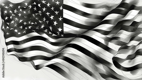 A graphical illustration of the American flag in black and white, conveying power and patriotism in a stylized manner