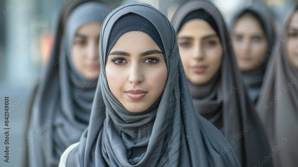 A group of women wearing grey head scarves A group of women wearing grey head scarves
