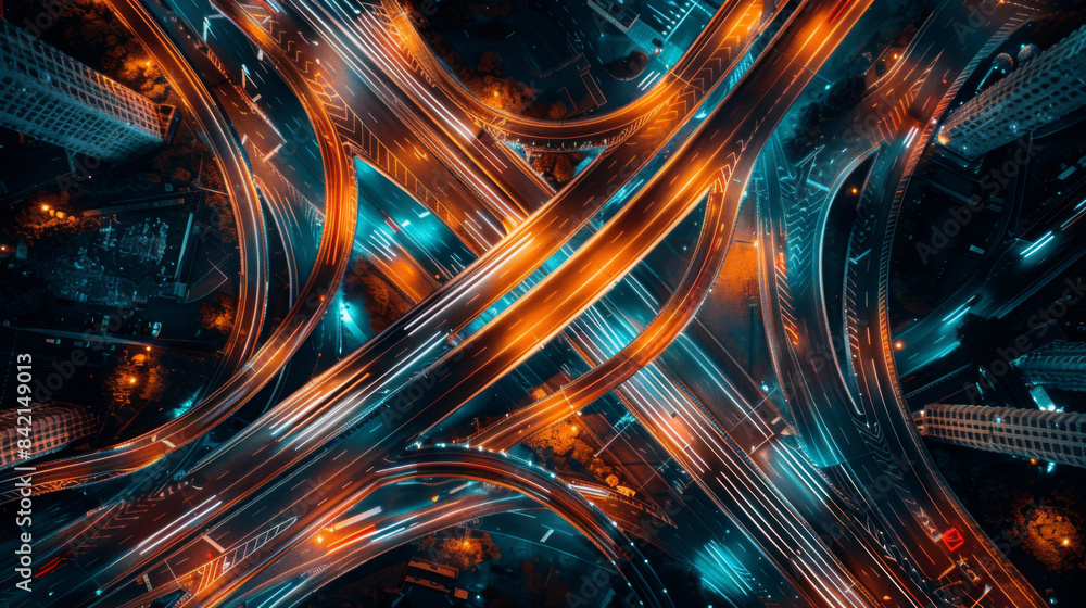 © khonkangrua - Aerial view of a complex highway interchange illuminated at night, showcasing the vibrant lights and intricate design. © khonkangrua - Aerial view of a complex highway interchange illuminated at night, showcasing the vibrant lights and intricate design.