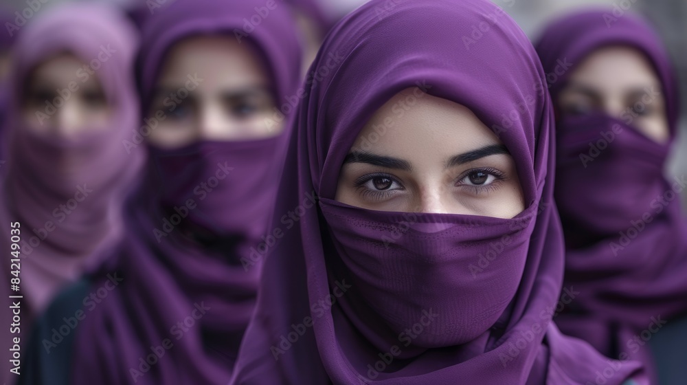 A group of women wearing purple veils