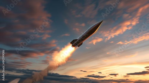 A rocket is flying through the sky with a bright orange trail behind it, military missile