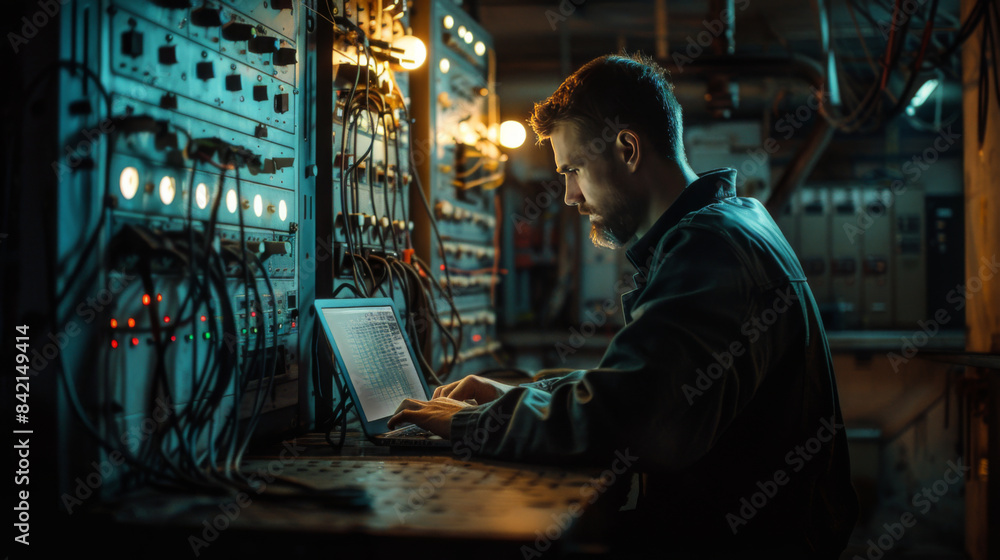 An engineer works on a laptop, surrounded by intricate control panels and wiring, in a dimly lit industrial control room. An engineer works on a laptop, surrounded by intricate control panels and wiring, in a dimly lit industrial control room.
