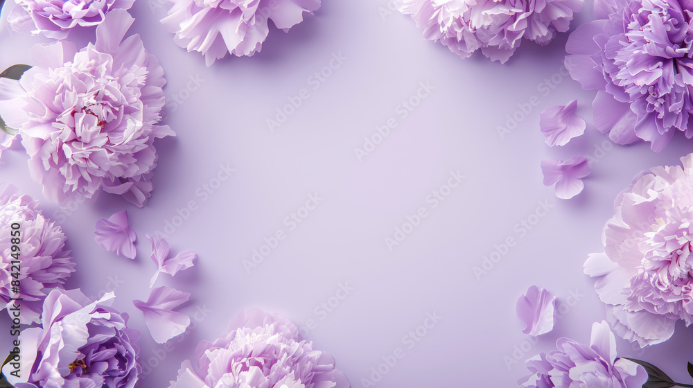 A minimalist design of a lilac purple peony floral border on a pastel lilac background A minimalist design of a lilac purple peony floral border on a pastel lilac background
