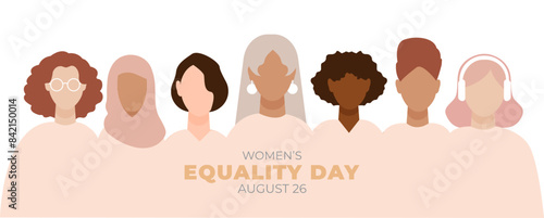 Women of different nationalities on the banner banner for women's equality. Modern design. August, 26th. Women's Equality Day