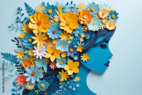 Symbolic paper human head with flowers on blue background for world mental health day © Inna
