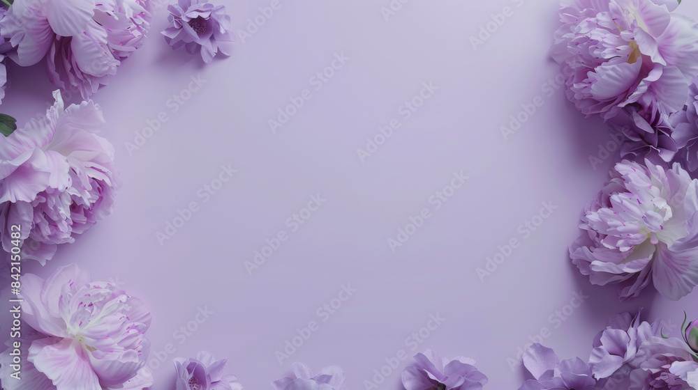 A refined arrangement of lilac purple peonies forming a border on a pale lilac background A refined arrangement of lilac purple peonies forming a border on a pale lilac background