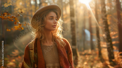 Young woman wearing a hat and shawl in a sunlit autumn forest, looking contemplative amidst falling leaves. photo