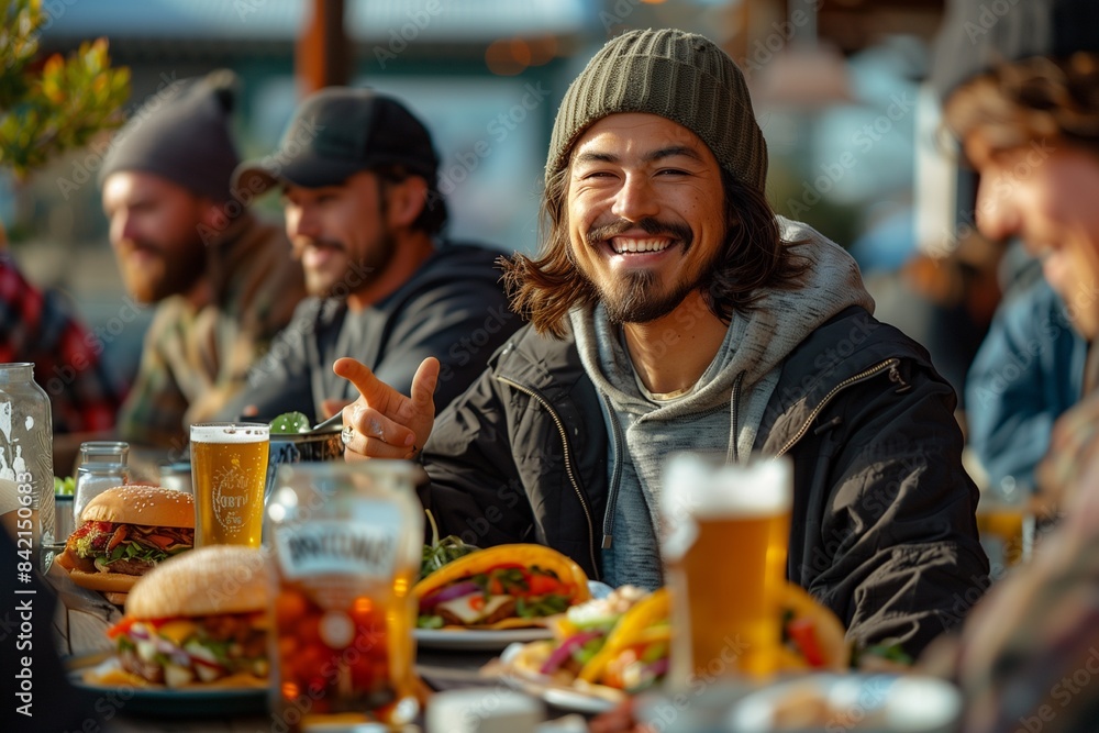 Group of friends enjoying lunch at an outdoor cafe, laughing, eating tacos, and drinking beer together Group of friends enjoying lunch at an outdoor cafe, laughing, eating tacos, and drinking beer together