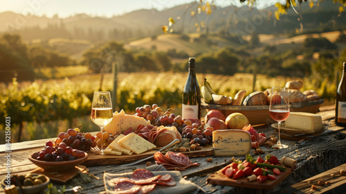 Outdoor picnic with wine, cheese, and charcuterie set against a scenic vineyard backdrop under the warm evening sun.