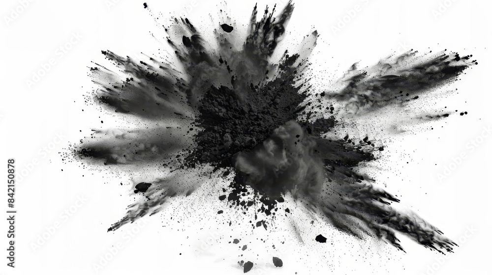 Dynamic black powder explosion on a white background, capturing the energetic burst and contrasting colors. Dynamic black powder explosion on a white background, capturing the energetic burst and contrasting colors.