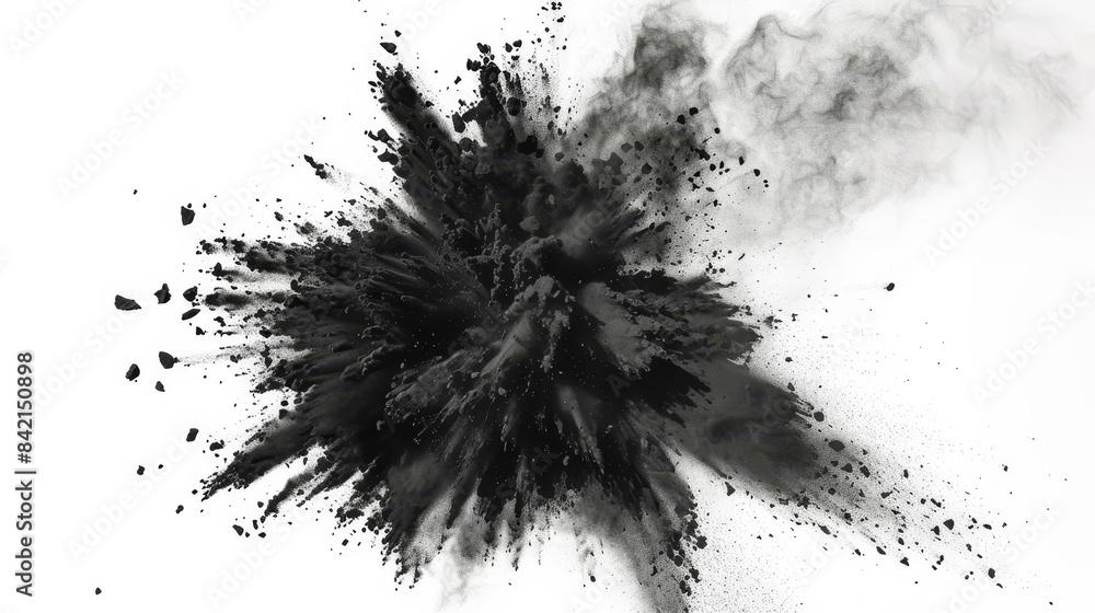 Dynamic black powder explosion on a white background, capturing the energetic burst and contrasting colors. Dynamic black powder explosion on a white background, capturing the energetic burst and contrasting colors.