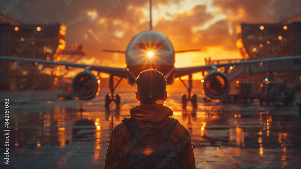 aircraft engineer fixing an airbus a320 at the hangar during sunset,generative ai