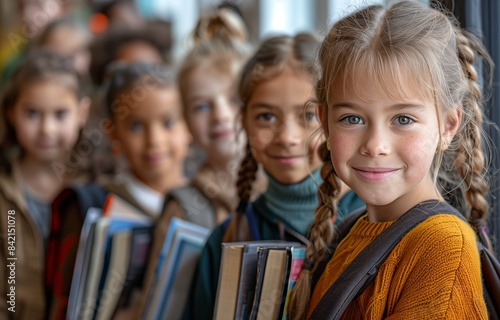 Joyful students with books and backpacks gather in a classroom, showcasing diversity and friendship