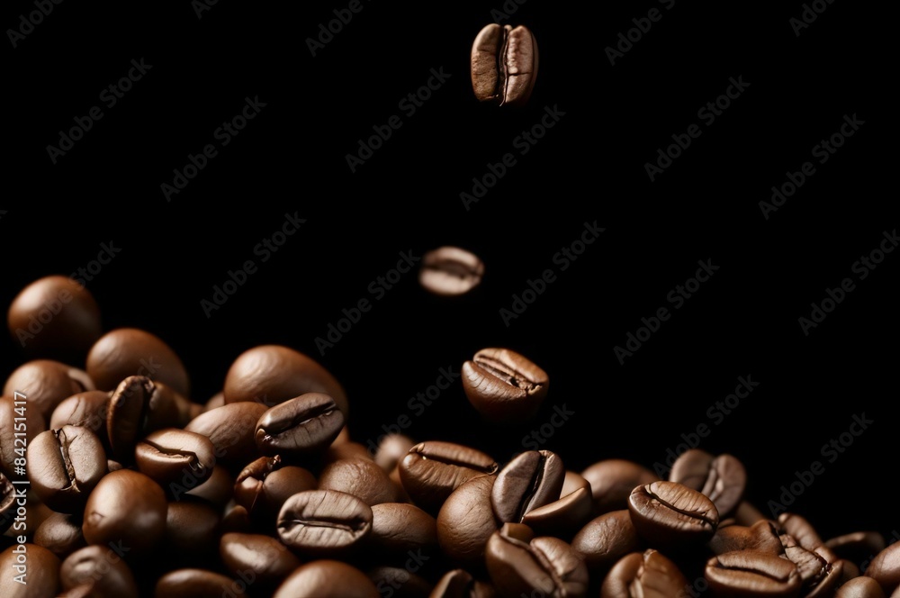 Coffee beans floating in the air on a black background in closeup Coffee beans floating in the air on a black background in closeup