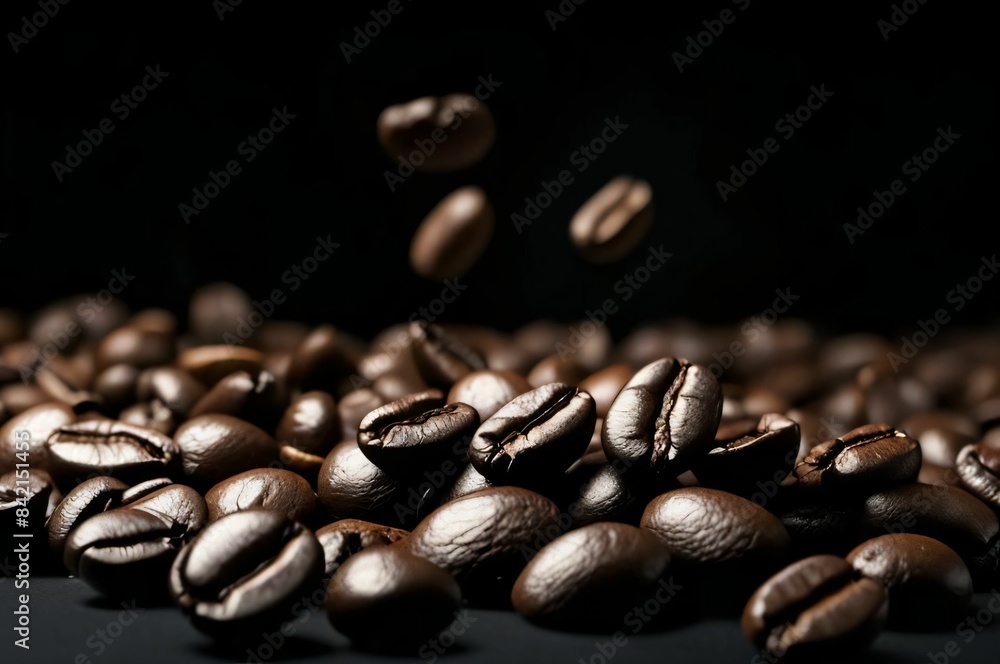 Coffee beans floating in the air on a black background in closeup Coffee beans floating in the air on a black background in closeup