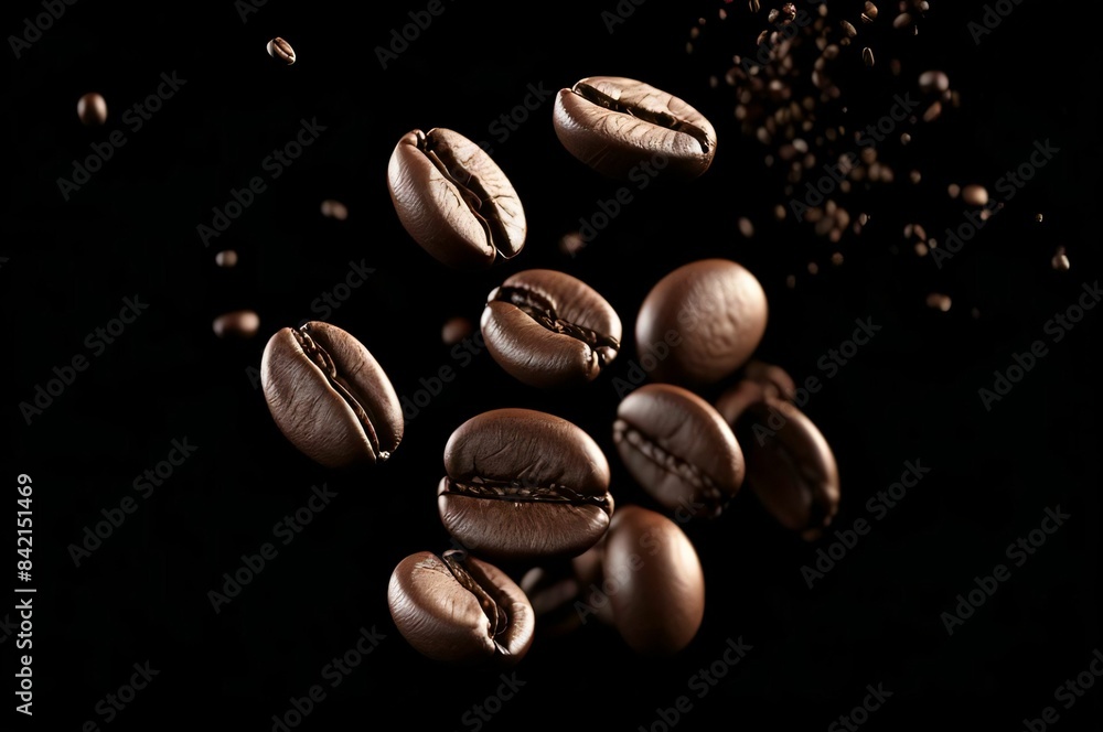 Coffee beans floating in the air on a black background in closeup Coffee beans floating in the air on a black background in closeup
