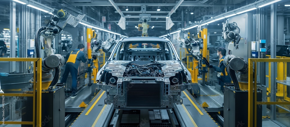 The automobile manufacturing plant features a combination of robotic assembly line and skilled workers in a modern hightech setting, showcasing efficiency and innovation in car production The automobile manufacturing plant features a combination of robotic assembly line and skilled workers in a modern hightech setting, showcasing efficiency and innovation in car production