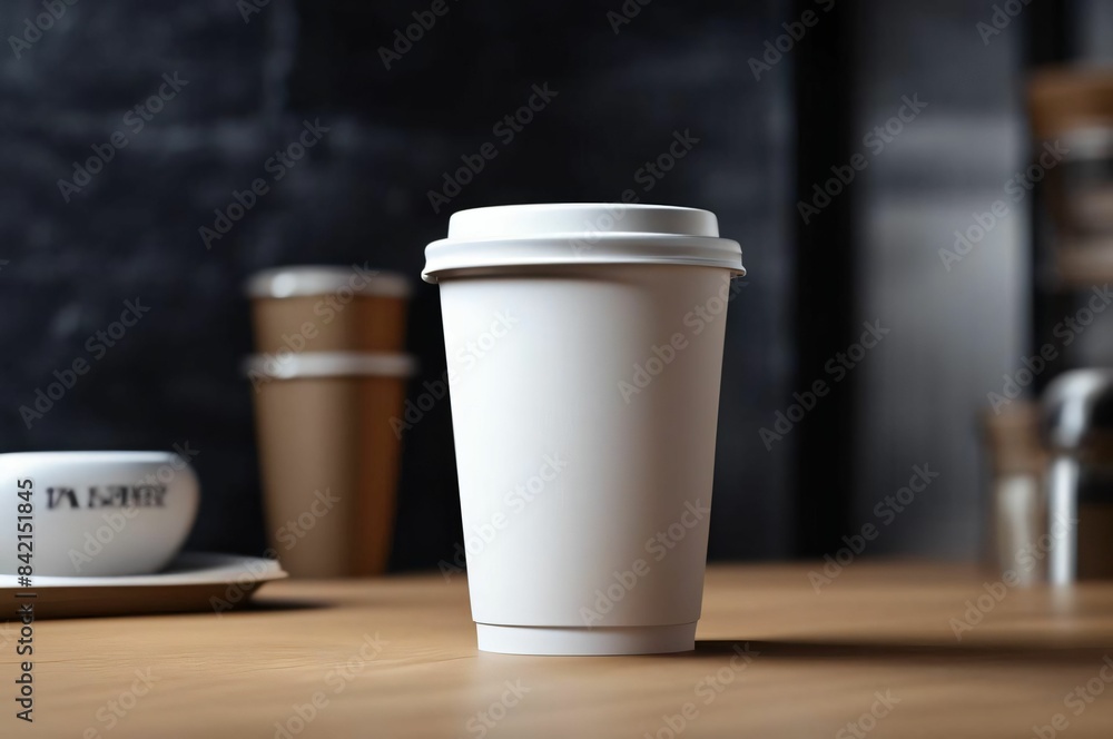 White paper coffee cup with coffee in a cafe on a table. Close-up side view, macro shot. Coffee mug on dark background. Space for inscriptions. Hot drink concept