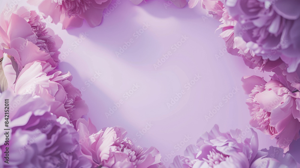 Fototapeta premium an elegant lilac purple peony floral frame, arranged delicately, on a soft lilac background