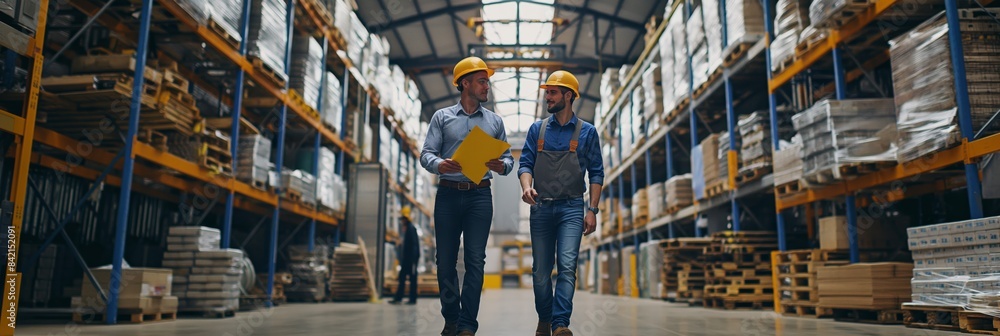 A group of industrial warehouse workers, wearing safety helmets, discuss logistics in a modern storage facility. They organize shelves and pallets, showing teamwork and warehouse operation skills A group of industrial warehouse workers, wearing safety helmets, discuss logistics in a modern storage facility. They organize shelves and pallets, showing teamwork and warehouse operation skills