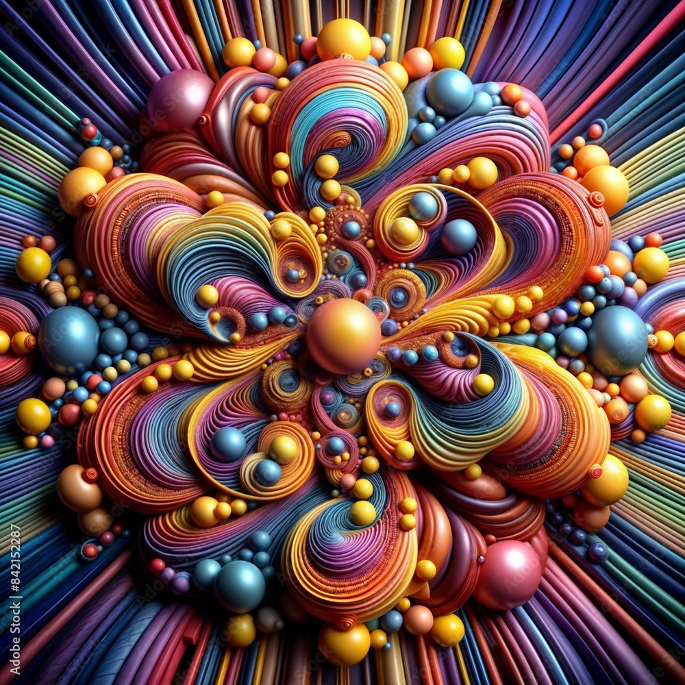 A digital rendering of a vibrant, swirling pattern with a symmetrical design, composed of spheres and tubes in various colors. A digital rendering of a vibrant, swirling pattern with a symmetrical design, composed of spheres and tubes in various colors.