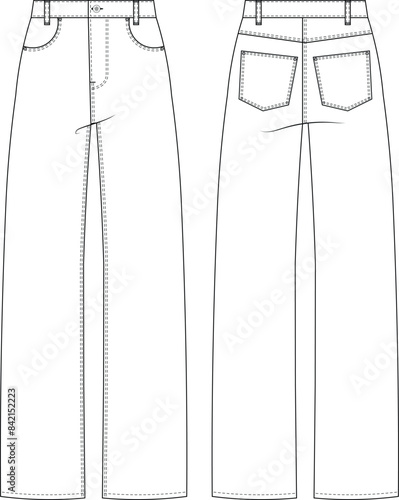 with pocket mid rise mid waist staraight mom jean denim pant trouser template technical drawing flat sketch cad mockup fashion woman design style model
