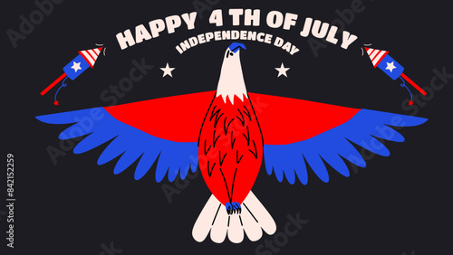 Illustration for 4th of July USA independence day celebration with Bald Eagle. Greeting banner or poster. 