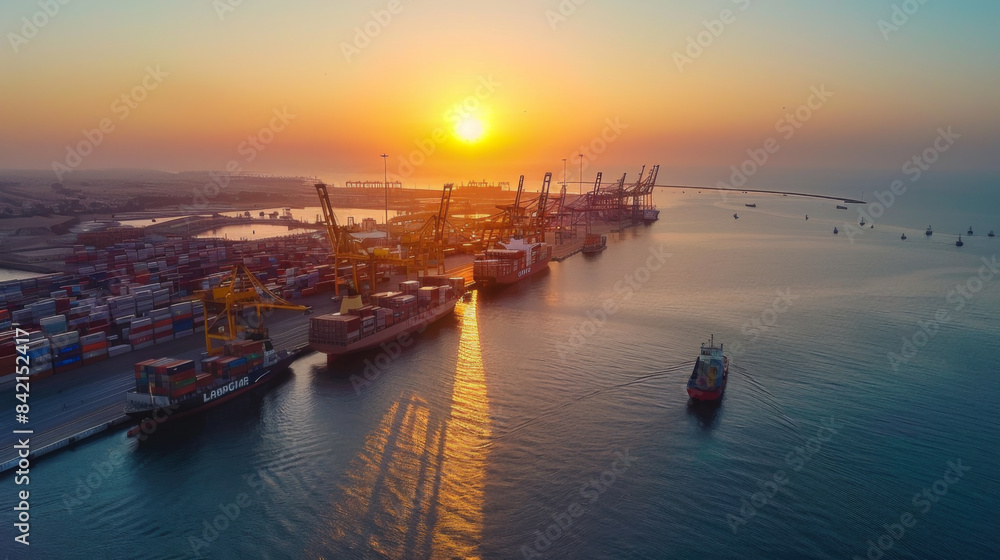 Naklejka premium A maritime shipping port at sunset, with cargo ships and cranes silhouetted against the vibrant sky.