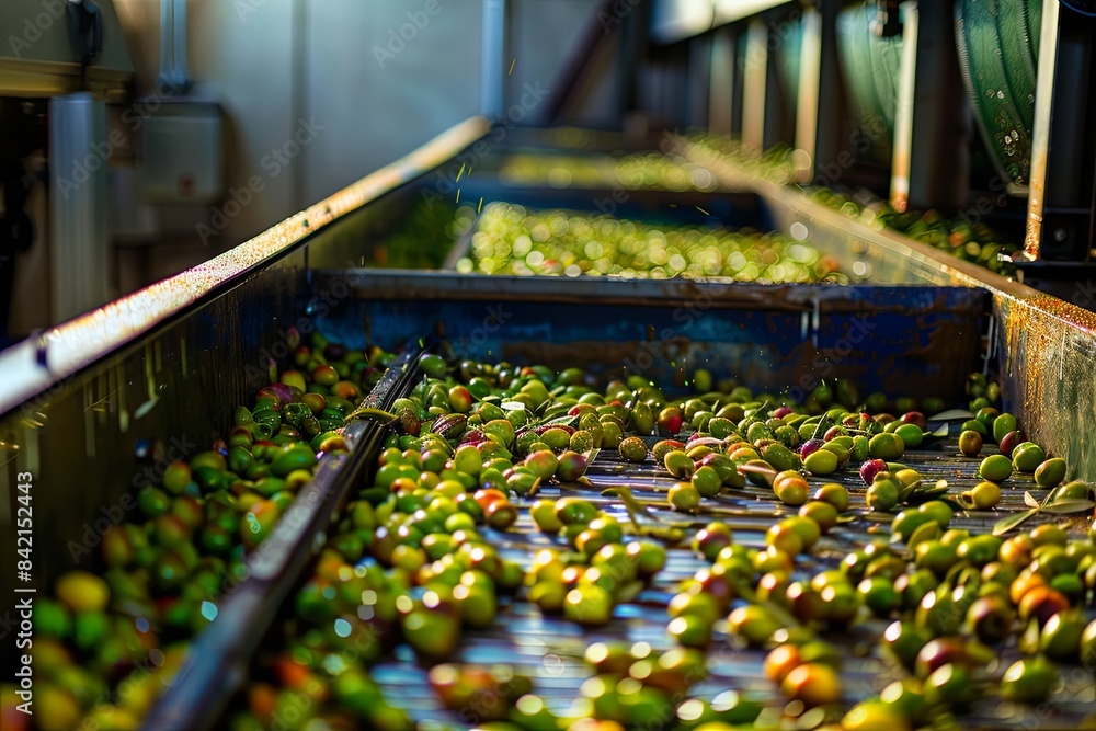 A close-up view of ripe olives moving down a conveyor belt in a processing plant. Generative AI A close-up view of ripe olives moving down a conveyor belt in a processing plant. Generative AI