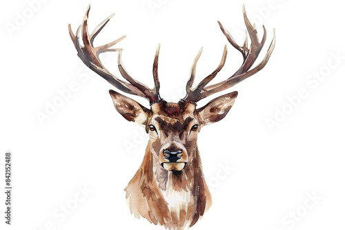 Watercolor painting of deer stag head with antlers, design for logo or t shirt, isolated on white background
