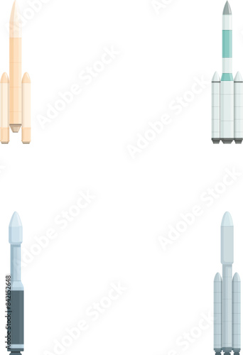 Collection of four stylish icons representing various space rockets isolated on white