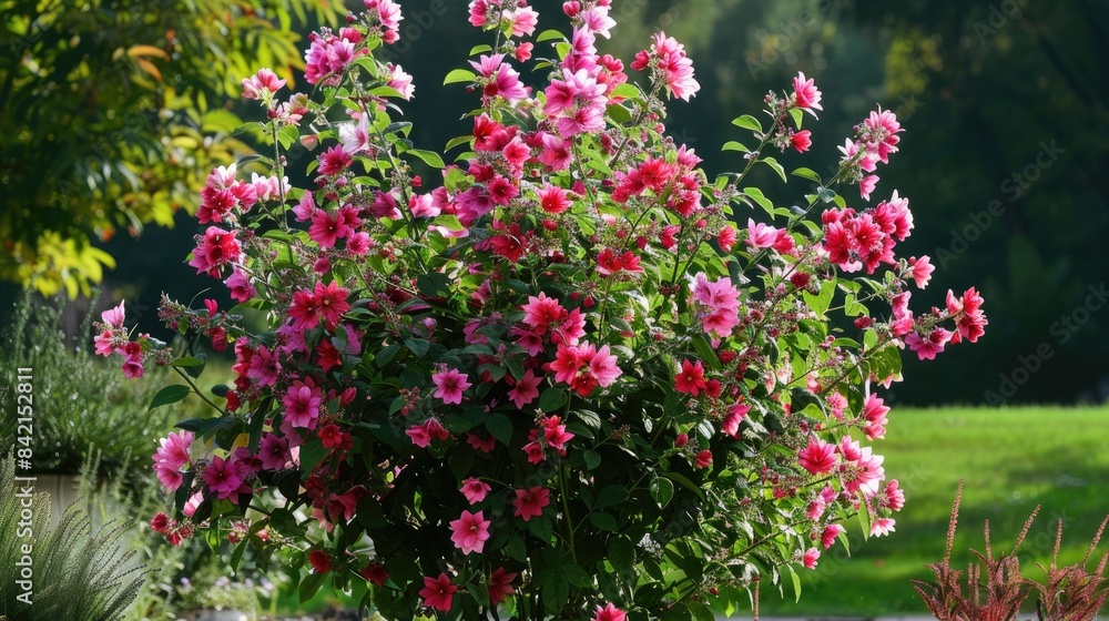 Hamabo Rose of Sharon decorative shrub with pink and red flowers