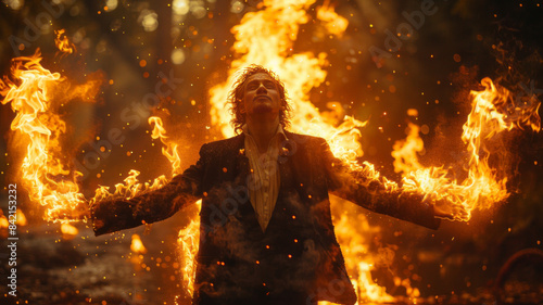 fire show, dancing with flame, male master fakir with fire works, performance outdoors, flame control man,generative ai