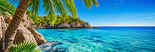 A serene beach scene with clear blue water  palm trees  and a rocky shoreline.
