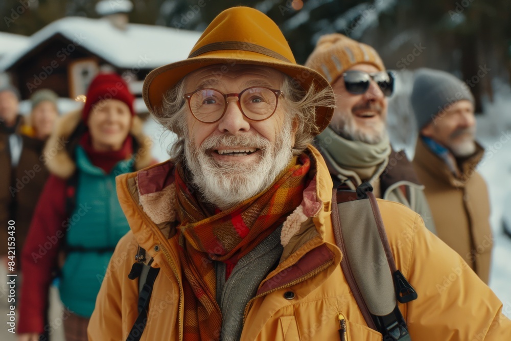 Portrait of a senior man with a beard in a hat and glasses on the background of his friends Portrait of a senior man with a beard in a hat and glasses on the background of his friends