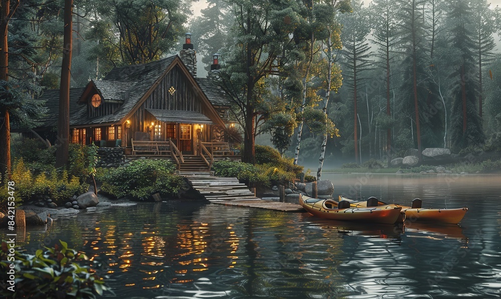 A tranquil lakeside retreat with a cozy cabin nestled among towering trees, a wooden dock stretching out into the water, and a pair of kayaks waiting to be launched. Realistic. A tranquil lakeside retreat with a cozy cabin nestled among towering trees, a wooden dock stretching out into the water, and a pair of kayaks waiting to be launched. Realistic.