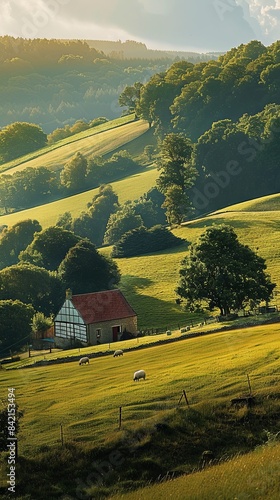 Wallpaper Mural A serene countryside scene with rolling hills, farmland, grazing sheep, and a farmhouse, realistic. Torontodigital.ca