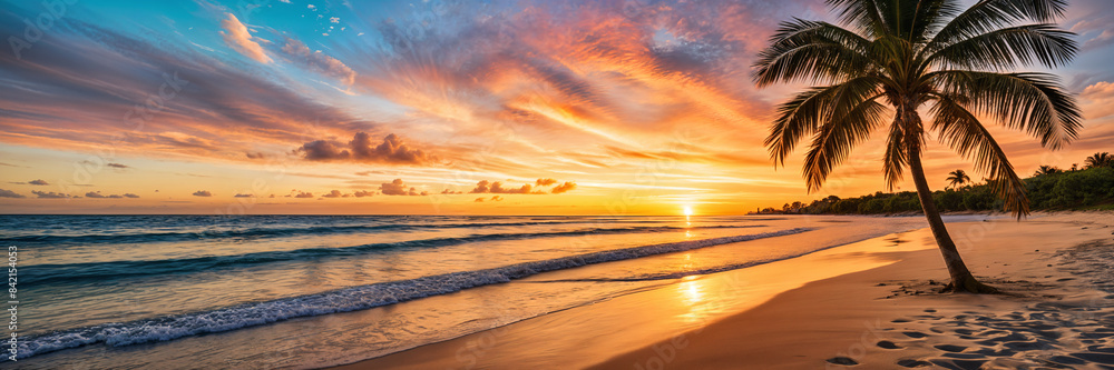 A serene beach scene at sunset. A palm tree stands prominently on the sandy shore, adding to the tropical ambiance. The ocean's surface is calm, reflecting the vibrant colors of the sky.