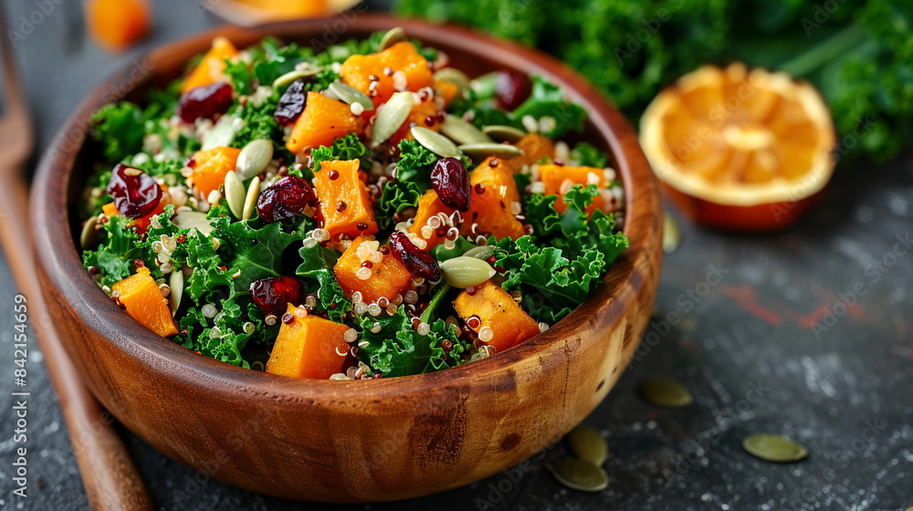 Quinoa and kale salad with roasted butternut squash, dried cranberries, and pumpkin seeds. Quinoa and kale salad with roasted butternut squash, dried cranberries, and pumpkin seeds.