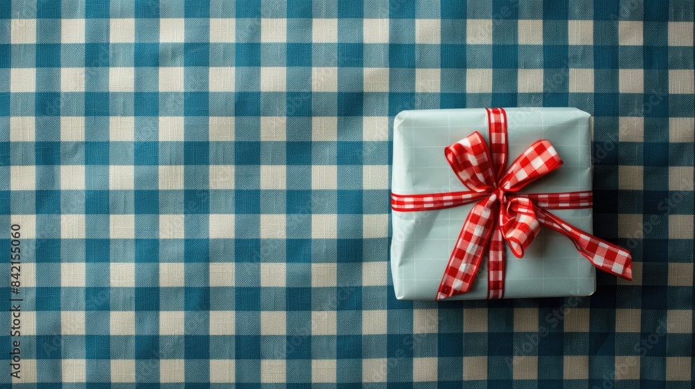 Plain wrapped present on blue checkered background with available space festive pattern