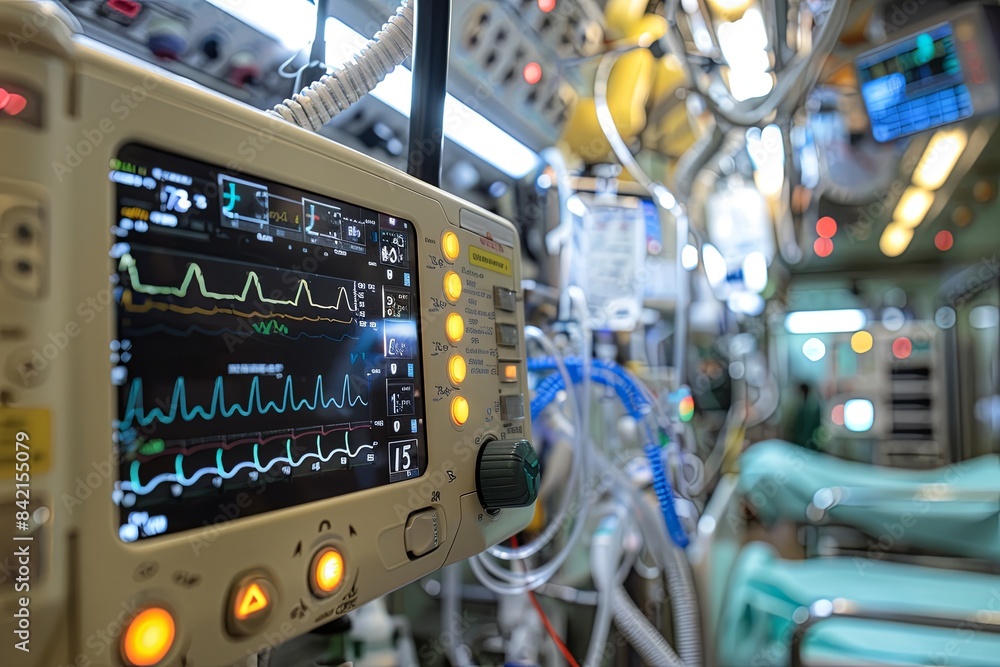 Naklejka premium Close-up of a medical monitor displaying vital signs in an operating room. Generative AI
