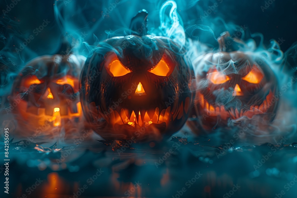 Fototapeta premium Three lit jack-o-lanterns with menacing grins sit in a smoky, dark setting. Generative AI