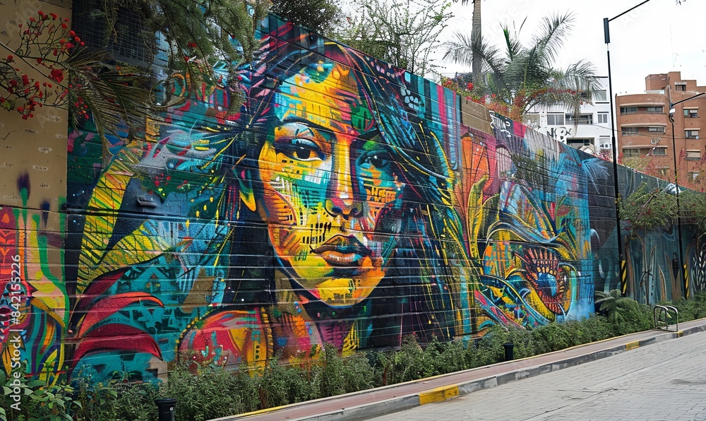 Fototapeta premium A vibrant street art mural on a city wall. Realistic.