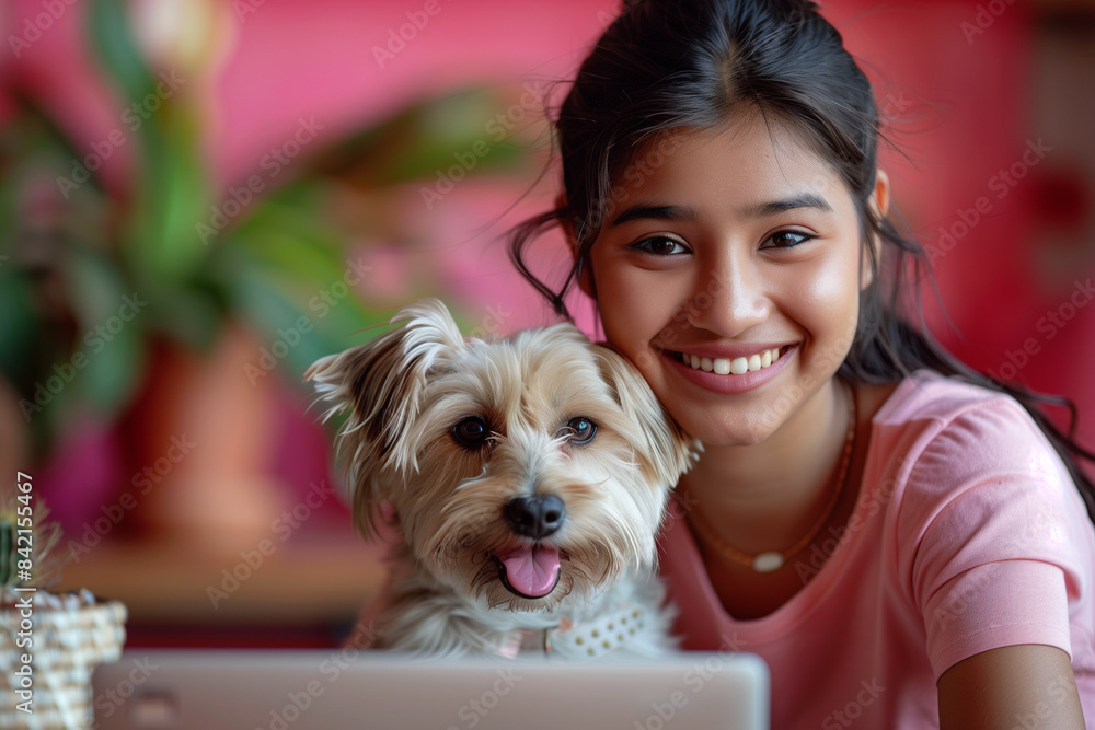 Happy Indian Woman Working on Laptop with Small Dog in Bright Home Office Happy Indian Woman Working on Laptop with Small Dog in Bright Home Office
