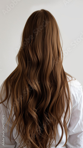Back view of woman with long wavy brown hair in white shirt, minimalist background. Haircare and fashion concept