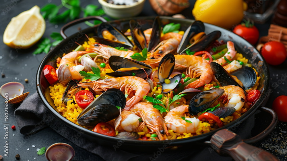 Seafood paella with shrimp, mussels, clams, squid, and chorizo in a traditional pan. Seafood paella with shrimp, mussels, clams, squid, and chorizo in a traditional pan.