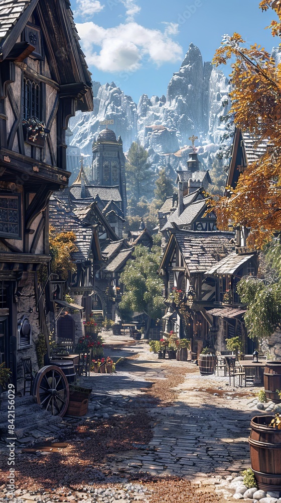 Obraz premium A medieval village square, realistic.