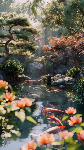 A serene Japanese garden with a koi pond. Realistic.